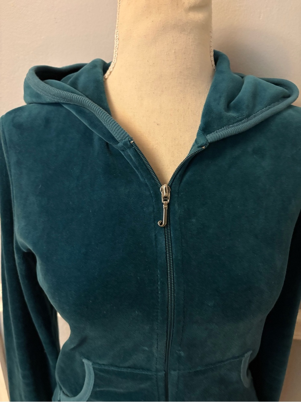 Y2K Juicy Couture Teal Velvet Zip Hoodie with J Zipper Pull (runs small) Med - Picture 5 of 10